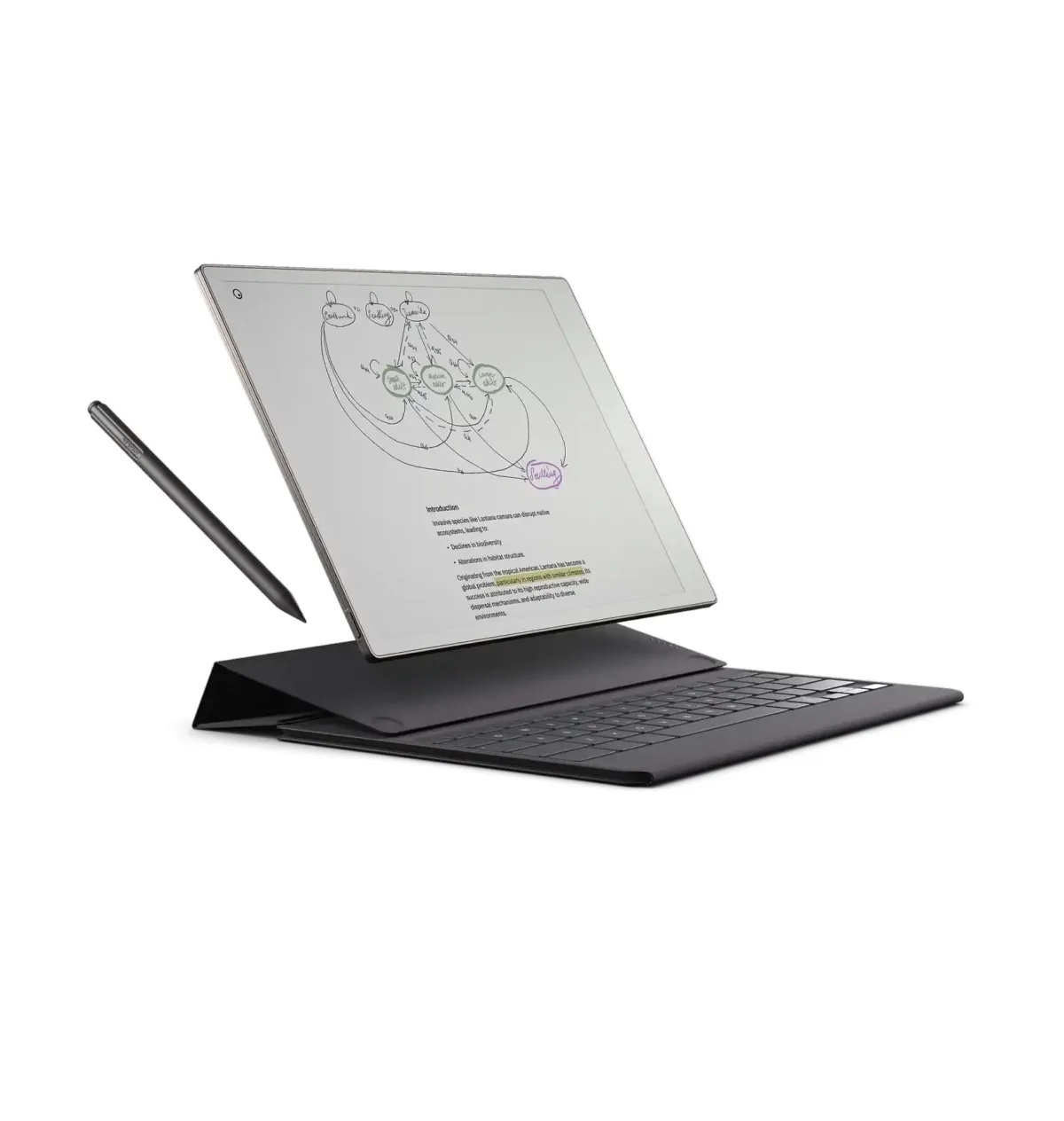 Marker Plus kalem ve klavyeli basalt kılıf ile kullanılan Remarkable Paper Pro cihazının ana görsel görünümü.