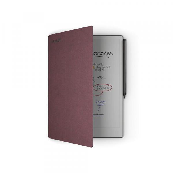 Mozaik dokuma burgundy kılıf ve Marker Plus kalem ile kullanılan Remarkable Paper Pro cihazının şık ve koruyucu tasarım görünümü.