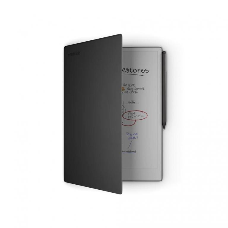 Premium deri siyah kılıf ve Marker Plus kalem ile kullanılan Remarkable Paper Pro cihazının şık ve dayanıklı tasarım görünümü.