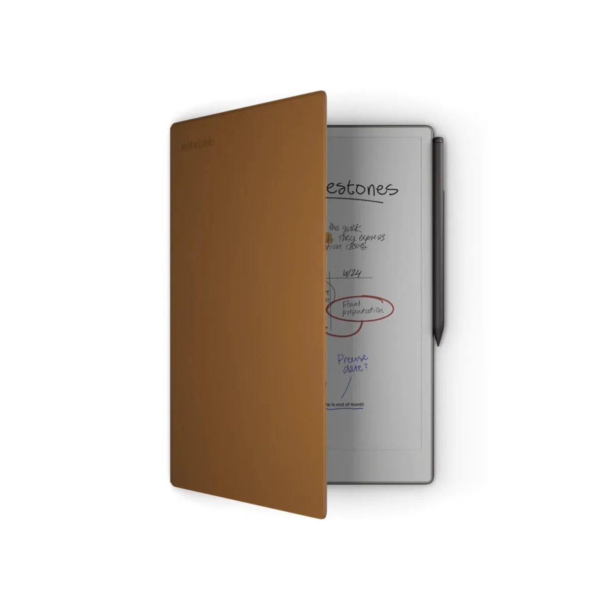 Premium deri kahverengi kılıf içinde kısmen açık konumda duran Remarkable Paper Pro ve Marker Plus kalem görünümü.