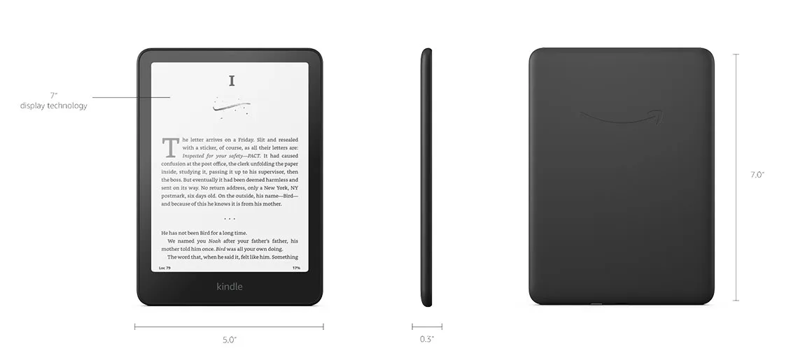 Amazon Kindle Paperwhite 2024 12. Nesil 7 inç E-kitap okuyucu – ön, yan ve arka görünüm, 7.0” x 5.0” x 0.3” ölçülerinde siyah renk model