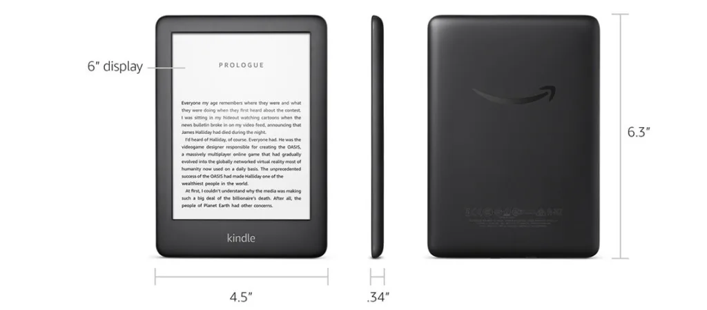 Amazon Kindle 10. Nesil Basic 2019 Sertifikalı Yenilenmiş 1 Yıl Garantili 5 Amazon Kindle 10. Nesil e-kitap okuyucu önden, yandan ve arkadan görüntüleniyor; 6 inç ekranı, 6.3 inç yükseklik, 4.5 inç genişlik ve 0.34 inç kalınlık ölçüleri belirtiliyor
