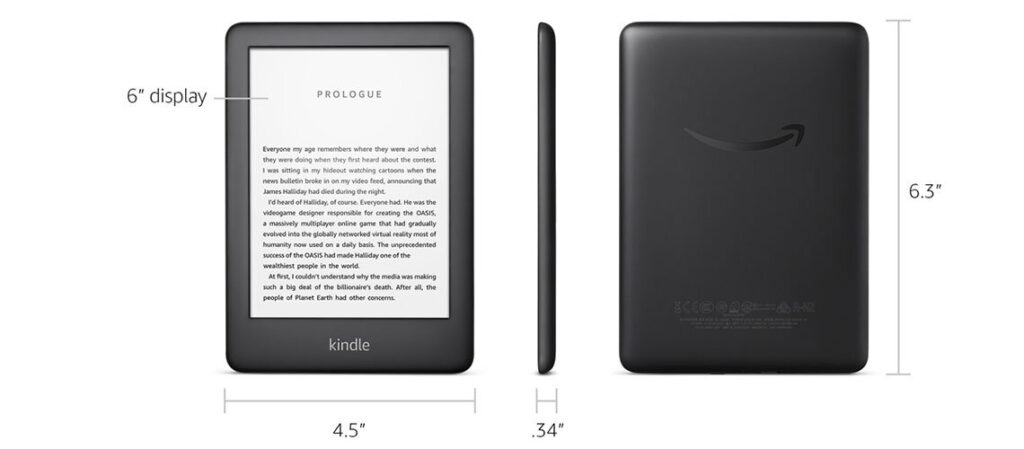 Amazon Kindle 10. Nesil e-kitap okuyucu önden, yandan ve arkadan görüntüleniyor; 6 inç ekranı, 6.3 inç yükseklik, 4.5 inç genişlik ve 0.34 inç kalınlık ölçüleri belirtiliyor