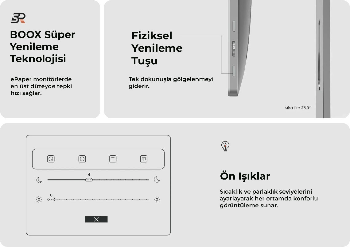 Boox Mira Pro Color ekran teknolojisi, yenileme butonu ve parlaklık ayarlarıyla konforlu görüntüleme