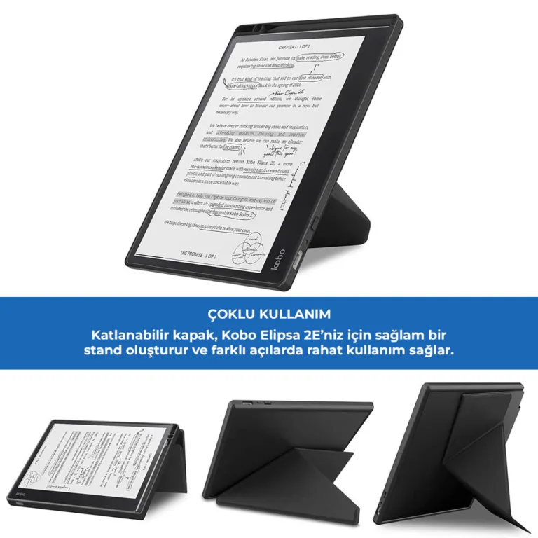 Kobo Elipsa 2E için tasarlanan katlanabilir kılıf, okuma ve yazma için çoklu açı desteği sunan sağlam bir stand görevi görür