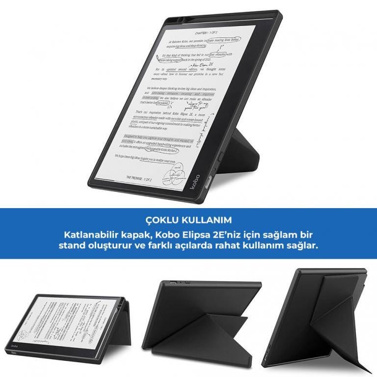Kobo Elipsa 2E için tasarlanan katlanabilir kılıf, okuma ve yazma için çoklu açı desteği sunan sağlam bir stand görevi görür
