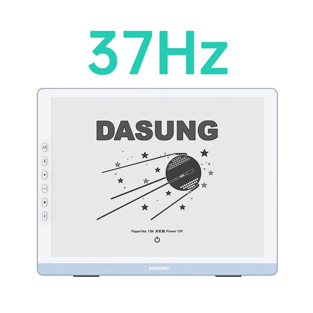 Dasung Paperlike 13K 13,3 inç 37 Hz E-Ink monitör, ön yüzü ve yan kontrol tuşlarıyla önden görünüm.