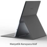 Dasung Paperlike 13K E-Ink monitör, taşınabilir stand ve manyetik koruyucu kılıf ile arkadan görünüm