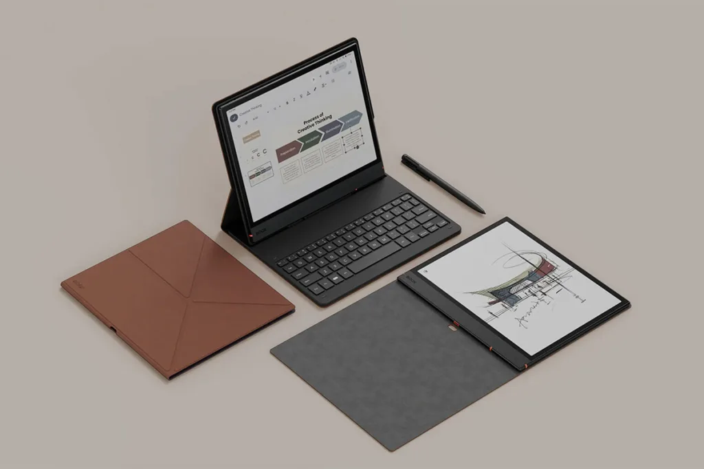 Onyx Boox Note Air5 C cihazı, manyetik klavye, kalem ve koruyucu kılıfla birlikte masa üzerinde sergileniyor. Ekranda çizim ve doküman arayüzleri açık, profesyonel çalışma ortamını yansıtıyor.