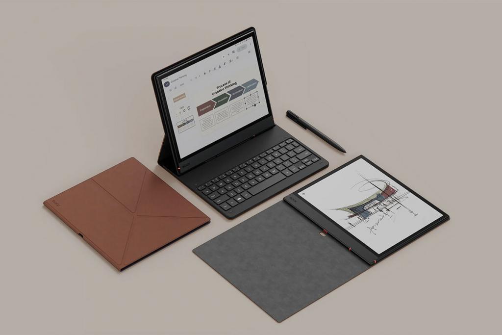Onyx Boox Note Air5 C cihazı, manyetik klavye, kalem ve koruyucu kılıfla birlikte masa üzerinde sergileniyor. Ekranda çizim ve doküman arayüzleri açık, profesyonel çalışma ortamını yansıtıyor.