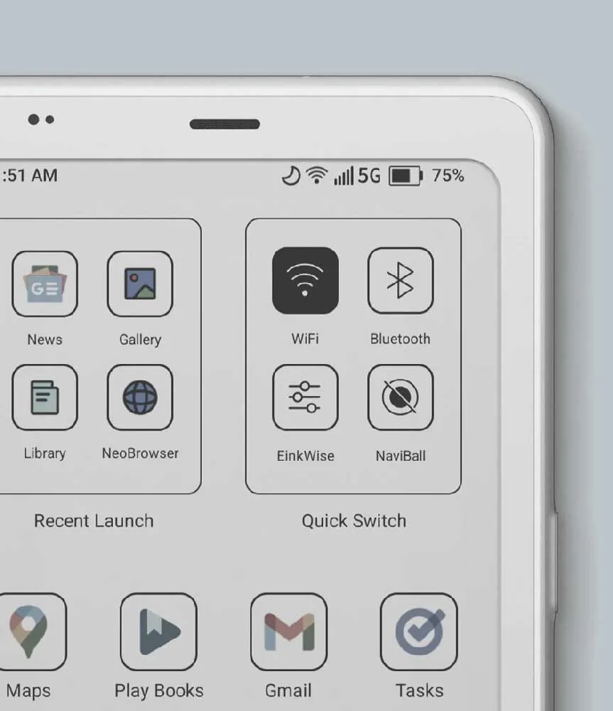BOOX Palma 2 Pro’nun beyaz modeli sağ tarafta yakın planda görünürken ekranda Wi-Fi, Bluetooth, veri bağlantısı ve uygulama kısayolları yer alıyor. Hibrit SIM yapısı ve mobil veri desteğini vurgulayan bir kullanım senaryosu gösteriliyor