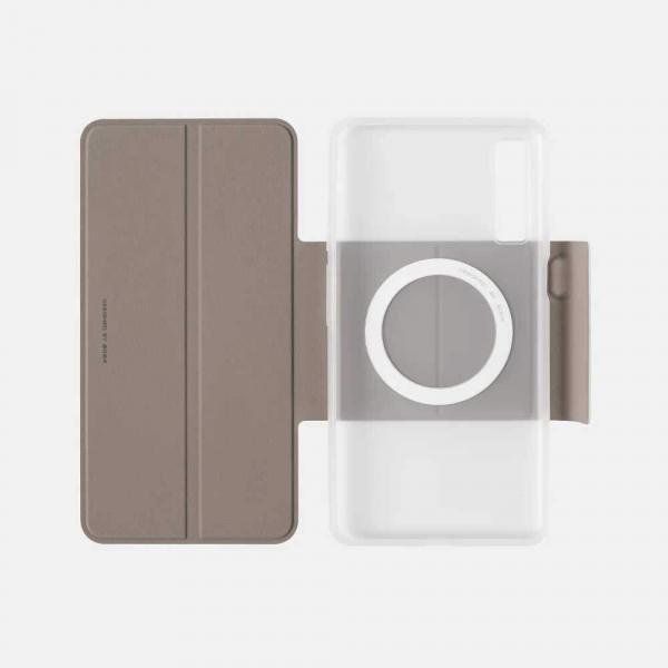 Fildişi renkte Onyx Boox Palma 2 Pro için tasarlanmış, manyetik bağlantılı ikisi bir arada koruyucu kılıfın açık haldeki ön görünümü.