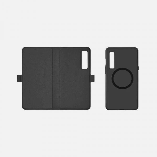 Onyx Boox Palma Serisi 2’si 1 arada manyetik kılıf siyah renkte, arka kapak ve standlı ön kapak olmak üzere iki ayrı parça halinde üstten görünümde gösteriliyor.