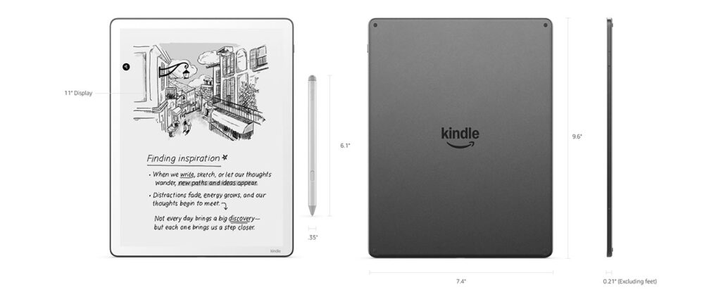 Amazon Kindle Scribe 11” 3. Nesil (2025) 11 inç ekran, 187,96 x 243,84 mm ölçüler ve 5,33 mm ince tasarım