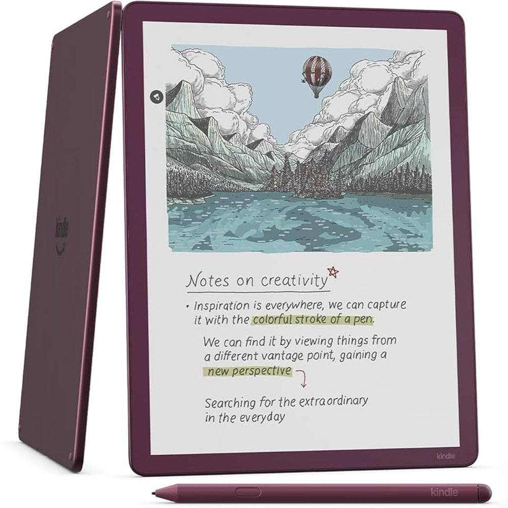 Amazon Kindle Scribe Colorsoft Fig rengi 11 inç renkli E-Ink ekran ve Premium kalem ile birlikte önden ve arkadan gösteriliyor.