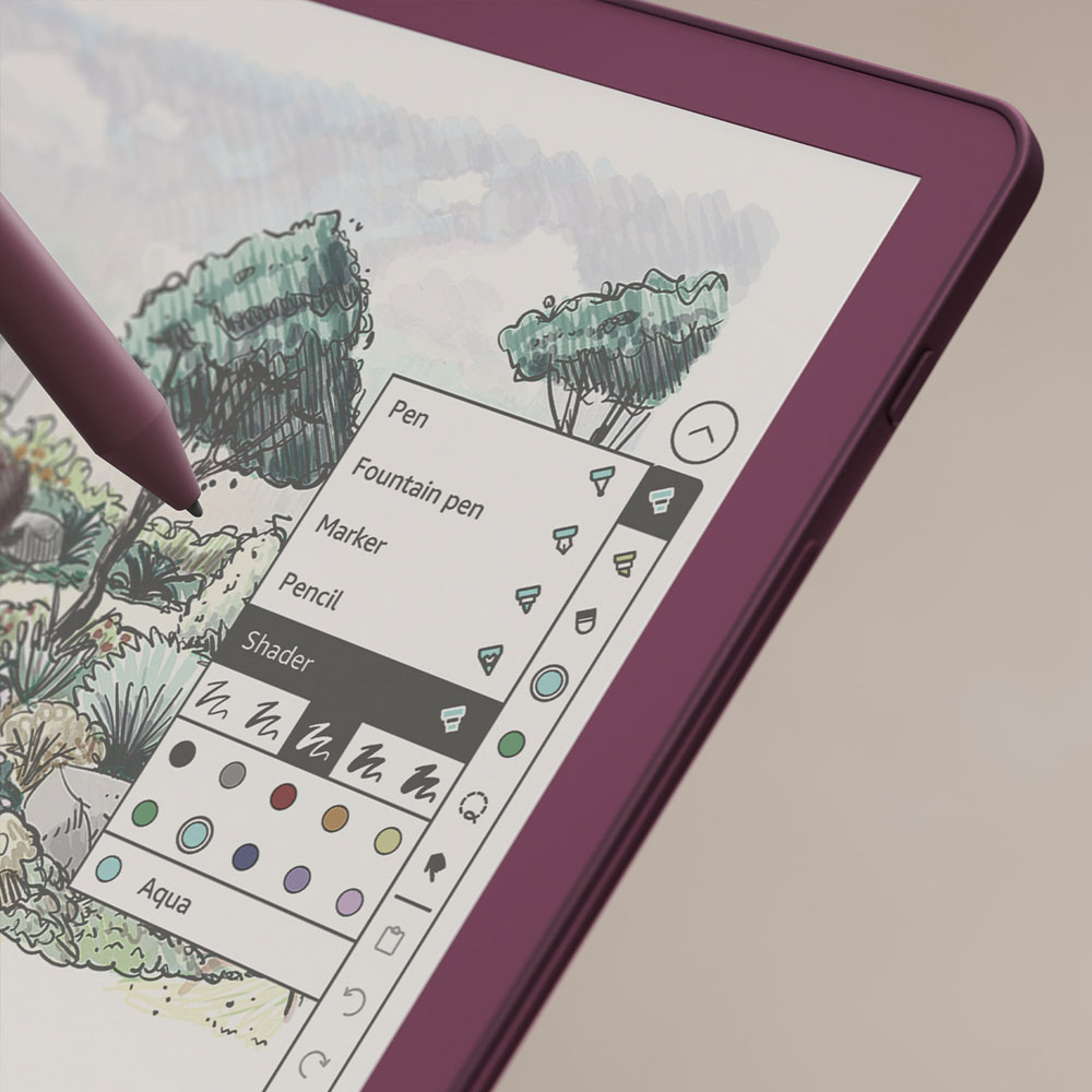 Amazon Kindle Scribe Colorsoft modeli, 11 inç renkli E-Ink ekranında farklı kalem, fosforlu kalem ve gölgelendirme araçlarını gösterirken Premium kalem ile çizim yapılırken görüntüleniyor.