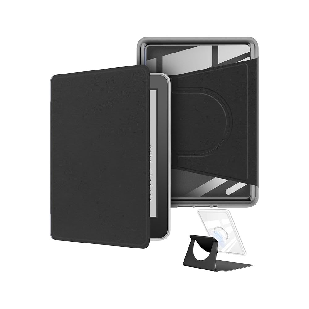 Kindle Basic 11. Nesil (2022) 6 inç uyumlu 360° döner manyetik standlı kılıf – Siyah renk, şeffaf arka kapak ve çıkarılabilir stand tasarımı