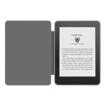 Kindle Basic 11. Nesil (2022) 6 inç uyumlu siyah 360° döner manyetik standlı kılıf – kapak açık ön görünüm ve şeffaf arka koruma