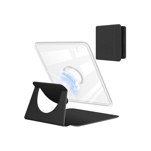 Kobo Libra Colour 7 inç 2024 uyumlu 360 derece dönebilen manyetik standlı kılıf. Şeffaf arka kapak tasarımı, yatay ve dikey kullanım desteği, otomatik uyku ve uyandırma özelliği bulunan siyah renk koruyucu tablet kılıfı.