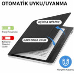 Kobo Libra Colour 7 inç 2024 uyumlu manyetik kılıfın otomatik uyku ve uyanma özelliği. Kapak açıldığında cihazı uyandıran, kapatıldığında uyku moduna alan ve manyetik kapanış desteği sunan koruyucu kılıf tasarımı.