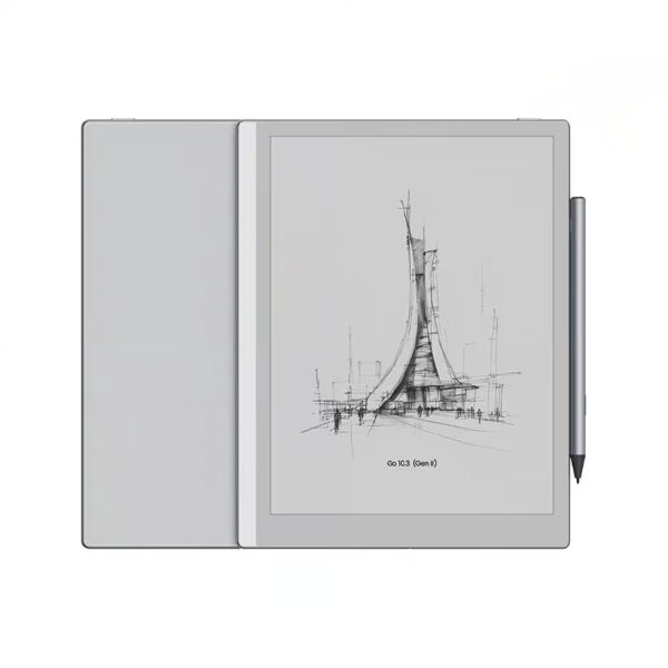 10.3 inç E-Ink ekrana sahip, kalem destekli ve kapak ile birlikte kullanım senaryosu gösterilen Onyx Boox Go 10.3 2. nesil e-kitap okuyucu