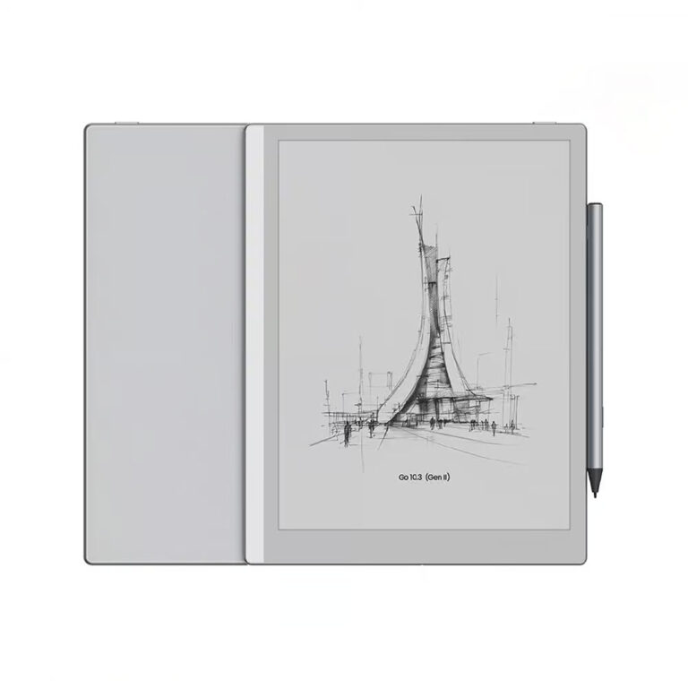10.3 inç E-Ink ekrana sahip, kalem destekli ve kapak ile birlikte kullanım senaryosu gösterilen Onyx Boox Go 10.3 2. nesil e-kitap okuyucu