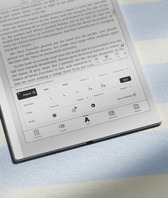 Yazı tipi ve okuma ayarları özelleştirilebilen NeoReader arayüzüne sahip Onyx Boox Go 10.3 2. nesil e-ink tablet