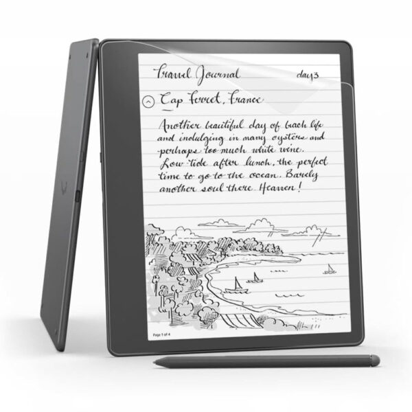 Amazon Kindle Scribe 10.2 inç e-kitap okuyucu üzerinde uygulanan ekran koruyucu film, kalemle not alma ve yazı deneyimini destekleyen mat yüzeyiyle çizilmelere karşı koruma sağlar.