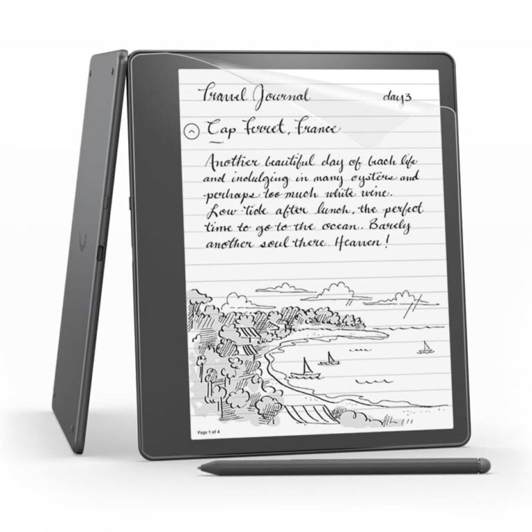 Amazon Kindle Scribe 10.2 inç e-kitap okuyucu üzerinde uygulanan ekran koruyucu film, kalemle not alma ve yazı deneyimini destekleyen mat yüzeyiyle çizilmelere karşı koruma sağlar.