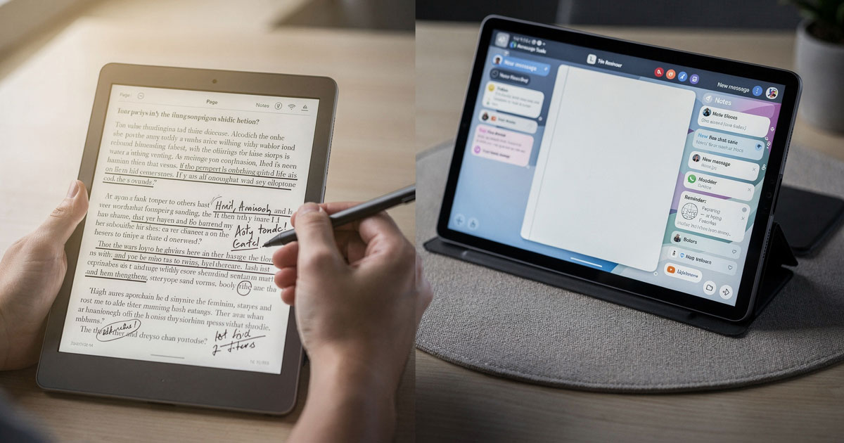 E-Ink ekranlı e-kitap okuyucuda kalemle not alma ve PDF işaretleme ile tablet üzerinde çoklu uygulama kullanımının yan yana gösterildiği sahne