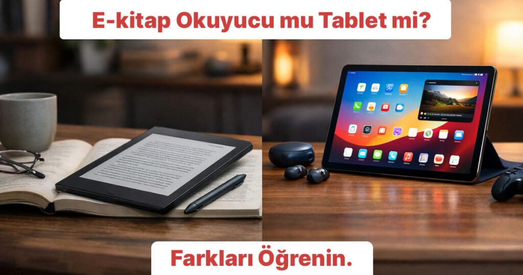 E-kitap okuyucu ve tabletin yan yana karşılaştırıldığı, E-Ink ekranlı okuma cihazı ile renkli ekranlı tablet kullanım farkını gösteren masaüstü sahne