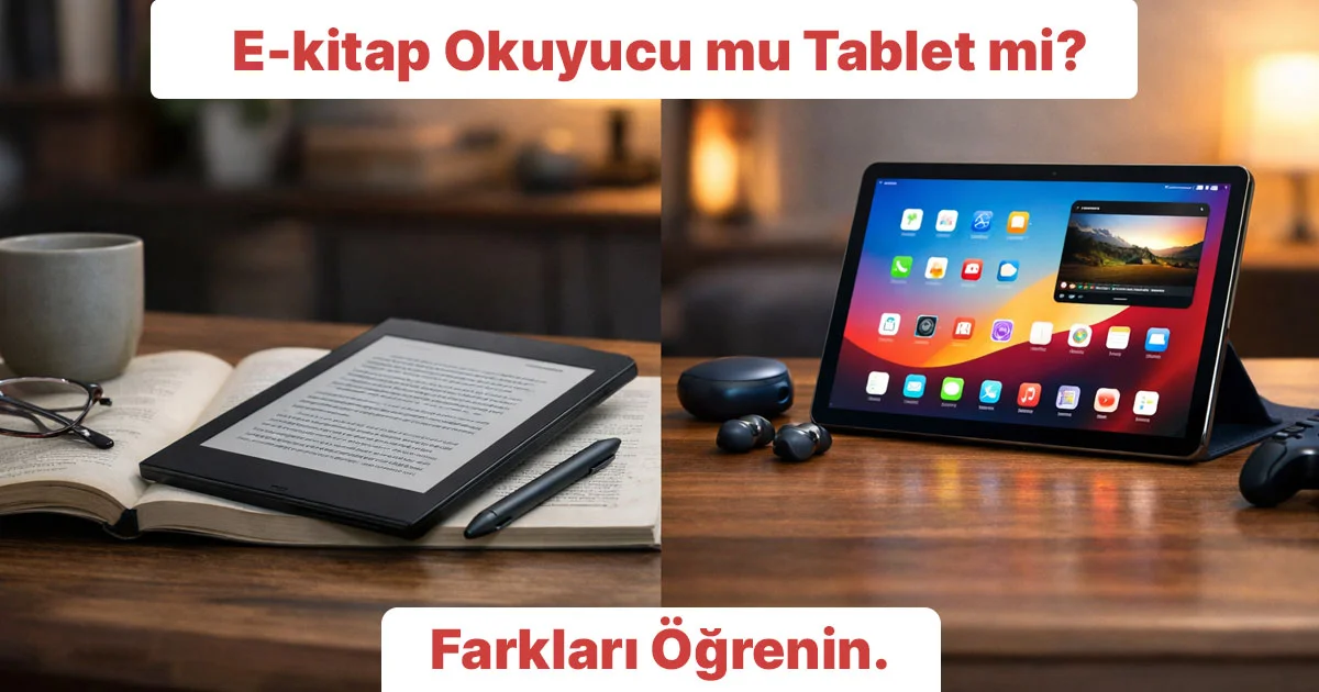 E-kitap okuyucu ve tabletin yan yana karşılaştırıldığı, E-Ink ekranlı okuma cihazı ile renkli ekranlı tablet kullanım farkını gösteren masaüstü sahne