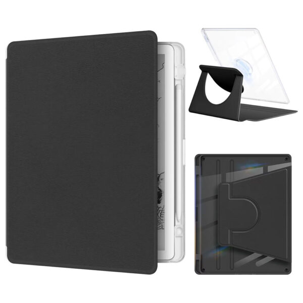 Kindle Scribe 11" 2025 kılıfı siyah, 360 derece döner stand ve şeffaf TPU arka kapak