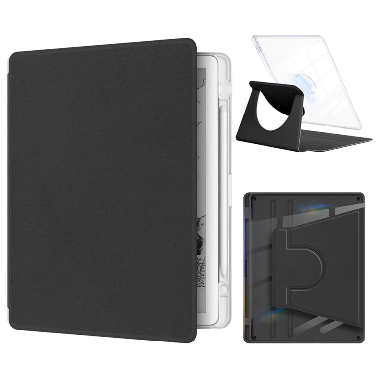 Kindle Scribe 11" 2025 kılıfı siyah, 360 derece döner stand ve şeffaf TPU arka kapak