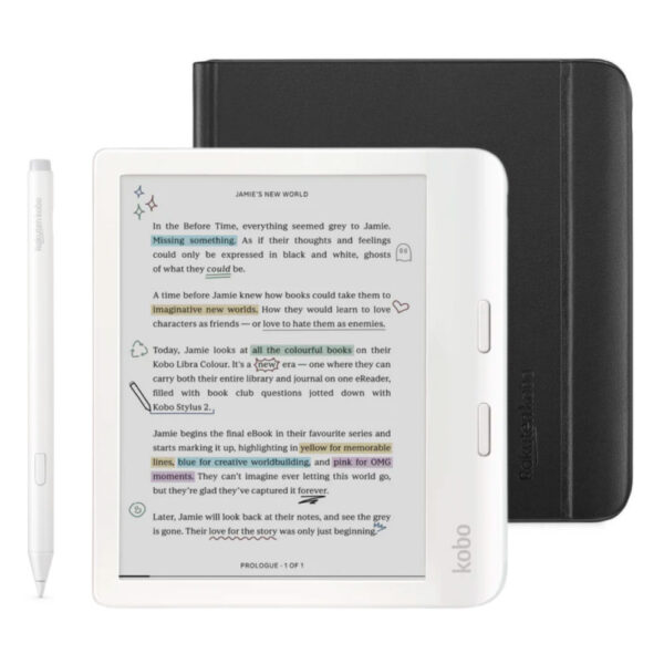 Kobo Libra Colour beyaz e-okuyucu, notebook kılıf ve beyaz kalem paketi