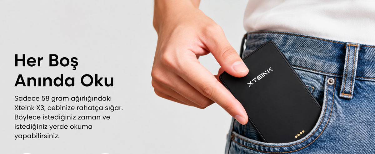 Xteink X3 ultra hafif e-kitap okuyucu, kot pantolon cebine kolayca sığan kompakt tasarımıyla hareket halindeyken okuma deneyimi sunuyor.
